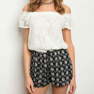 Ivory Navy Romper Cold Shoulder Floral Lace Size Medium